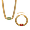Wholesale 316L Stainless Steel And Glass Inlaid Geometric Square Necklace And Bracelet With Electroplating