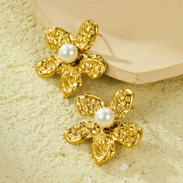 Wholesale Titanium Steel And Pearl Pentagonal Petals Vintage Earrings With Electroplating For Women