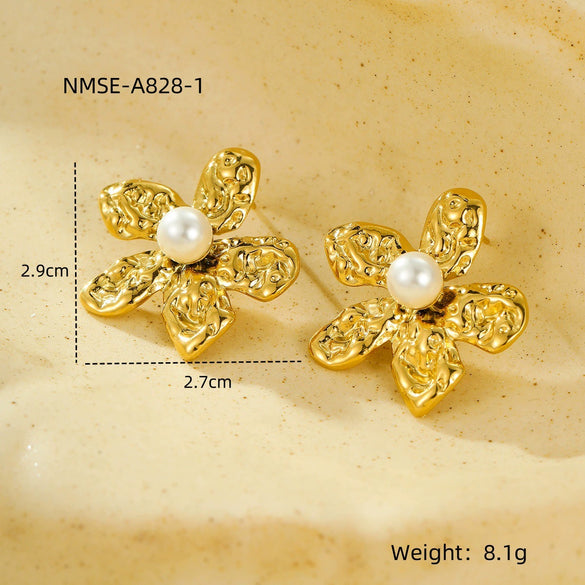 Wholesale Titanium Steel And Pearl Pentagonal Petals Vintage Earrings With Electroplating For Women
