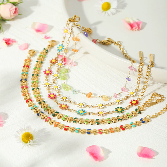 Wholesale Titanium Steel And Stainless Steel Necklace And Bracelet With Oil Drop Design Daisy And Butterfly And Olive Leaf Patterns Vacuum Plated And Handmade Chain For Women