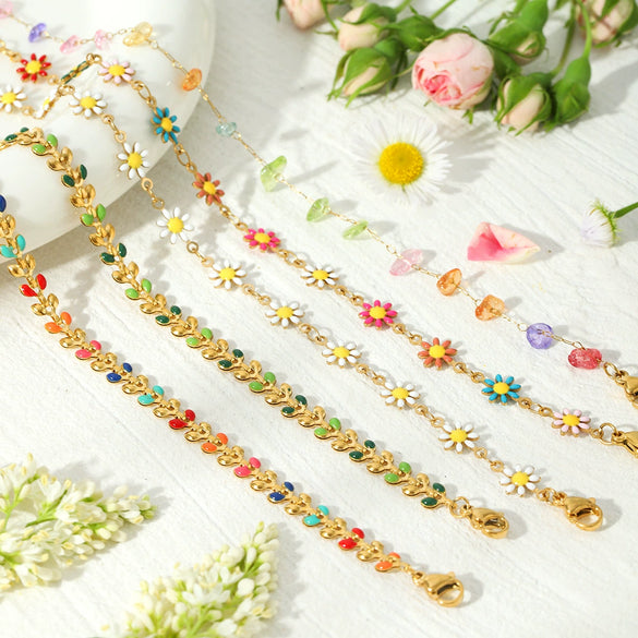 Wholesale Titanium Steel And Stainless Steel Necklace And Bracelet With Oil Drop Design Daisy And Butterfly And Olive Leaf Patterns Vacuum Plated And Handmade Chain For Women