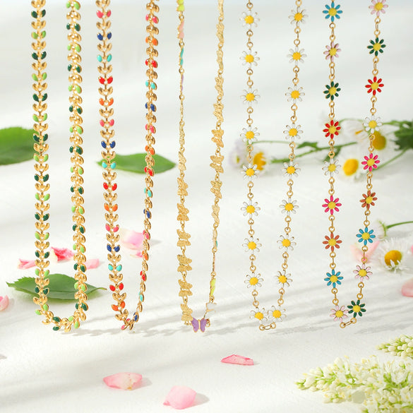 Wholesale Titanium Steel And Stainless Steel Necklace And Bracelet With Oil Drop Design Daisy And Butterfly And Olive Leaf Patterns Vacuum Plated And Handmade Chain For Women
