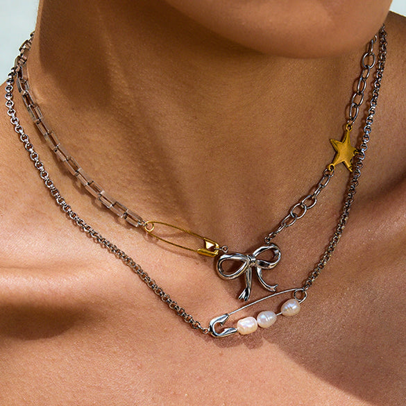 Wholesale Titanium Steel And Stainless Steel Pearl Necklace With Geometric Design And Electroplating For Women