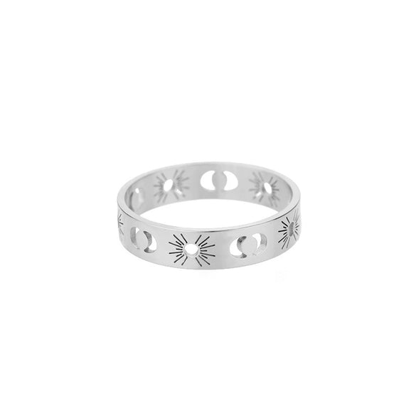 Wholesale Titanium Steel And Stainless Steel Unisex Couple Ring With Sun Hollow Crescent Interlaced Design And Electroplating