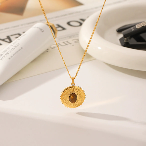 Wholesale Titanium Steel And Tiger Eye Stone Inlaid Sunflower Pendant Necklace For Women With Vacuum Plating