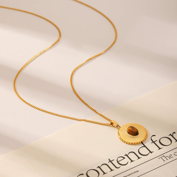 Wholesale Titanium Steel And Tiger Eye Stone Inlaid Sunflower Pendant Necklace For Women With Vacuum Plating