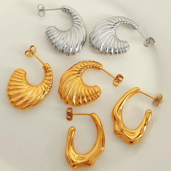 Wholesale 316L Stainless Steel Asymmetrical Threaded Open Exaggerated Geometric Electroplated Fashion Earrings For Women