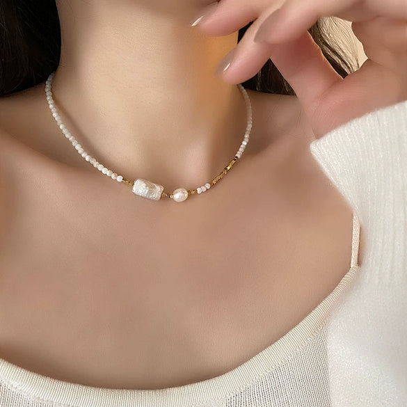 Wholesale Titanium Steel Baroque Pearl Necklace With Geometric Pattern And Real Gold Plating For Women