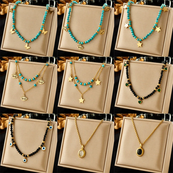 Wholesale Titanium Steel Beaded Butterfly Star Hollow Eye Pendant Round Bead Necklace Fashion Retro Style Electroplated