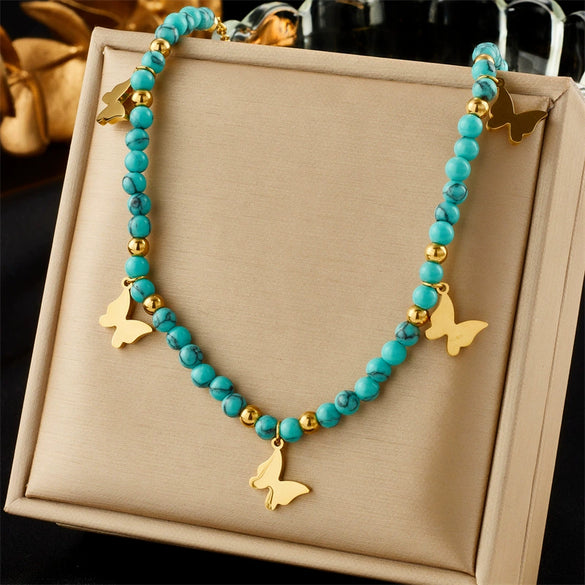 Wholesale Titanium Steel Beaded Butterfly Star Hollow Eye Pendant Round Bead Necklace Fashion Retro Style Electroplated