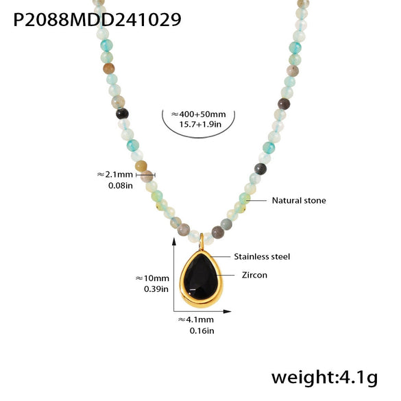 Wholesale 316L Stainless Steel Beaded Cat's Eye Stone Water Drop Collarbone Necklace Geometric Style Electroplated For Unisex