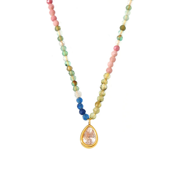 Wholesale 316L Stainless Steel Beaded Cat's Eye Stone Water Drop Collarbone Necklace Geometric Style Electroplated For Unisex