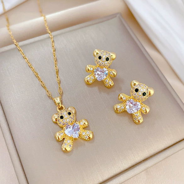 Wholesale Titanium Steel Bear Microinlaid Jewelry Set With Geometric Pattern And Electroplating Treatment For Women