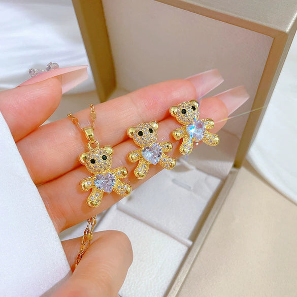Wholesale Titanium Steel Bear Microinlaid Jewelry Set With Geometric Pattern And Electroplating Treatment For Women