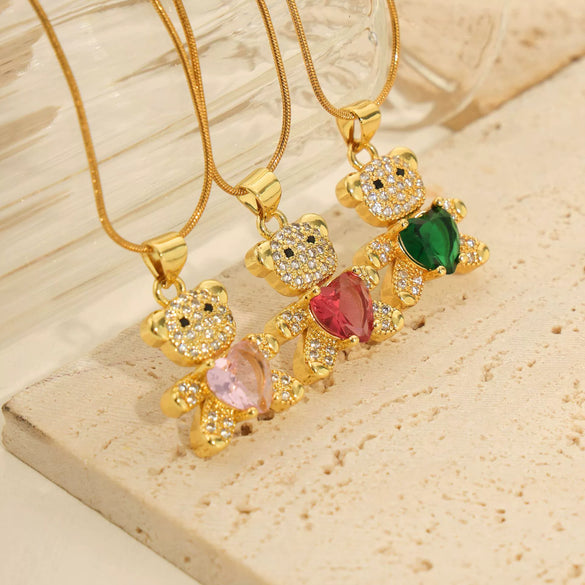 Wholesale Titanium Steel Bear Pendant Necklace With Cartoon Characters And Geometric Patterns Electroplated For Women