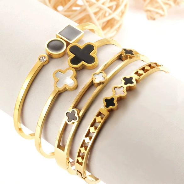 Wholesale Titanium Steel Black Geometric Box Jewelry Bracelet With Plant Flowers Pattern And Electroplating Design