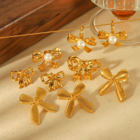 Wholesale Titanium Steel Bow Tie Earrings And Ring For Women 18K Goldplated With Zirconia Design Highend Jewelry