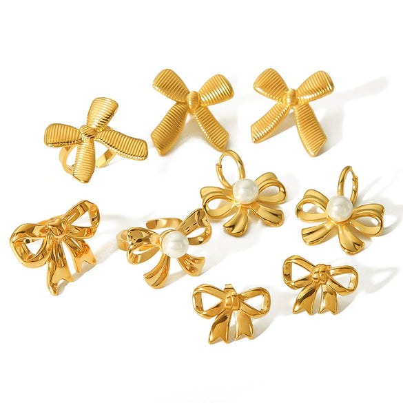 Wholesale Titanium Steel Bow Tie Earrings And Ring For Women 18K Goldplated With Zirconia Design Highend Jewelry