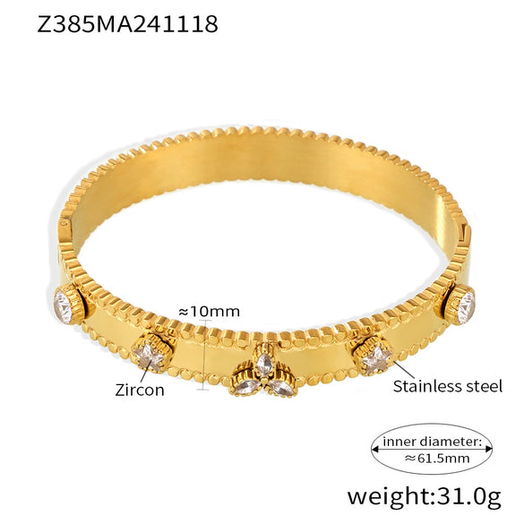 Wholesale Titanium Steel Bracelet With Clover Zircon Czech Glass Flower Buckle And Gear Design 18K Gold Plated