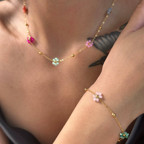 Wholesale Titanium Steel Colorful Pink Flower Drop Shape Necklace Waist Chain Anklet Set