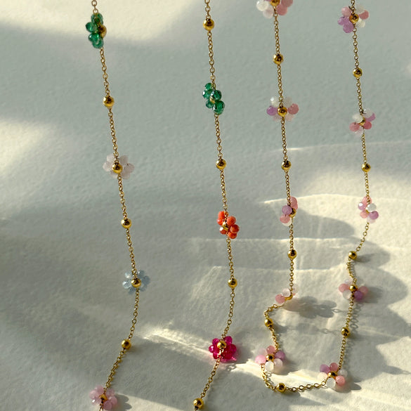 Wholesale Titanium Steel Colorful Pink Flower Drop Shape Necklace Waist Chain Anklet Set