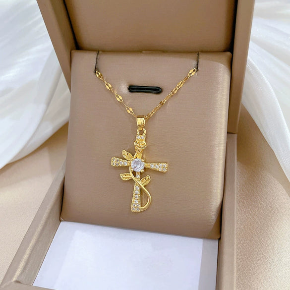 Wholesale Titanium Steel Cross Flower Necklace With Zirconium For Women Cartoon Style Geometric Pattern