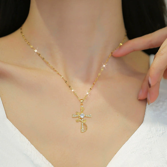 Wholesale Titanium Steel Cross Flower Necklace With Zirconium For Women Cartoon Style Geometric Pattern