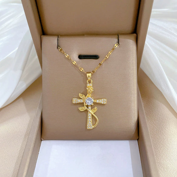 Wholesale Titanium Steel Cross Flower Necklace With Zirconium For Women Cartoon Style Geometric Pattern