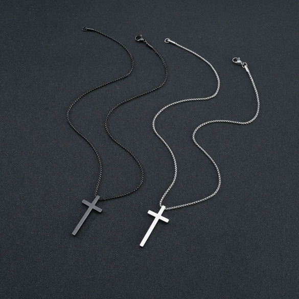 Wholesale Titanium Steel Cross Necklace With Geometric Pendant And Pearl Chain Electroplated