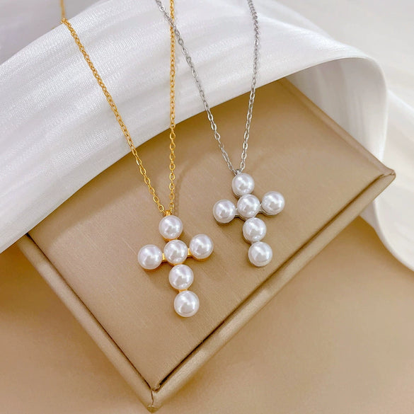 Wholesale Titanium Steel Cross Pearl Necklace With Geometric Pattern Electroplated For Unisex