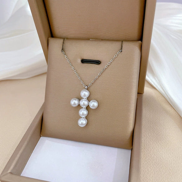 Wholesale Titanium Steel Cross Pearl Necklace With Geometric Pattern Electroplated For Unisex