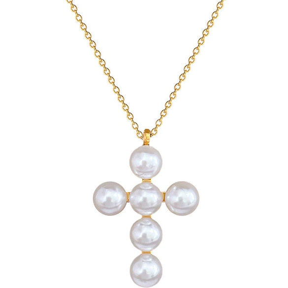 Wholesale Titanium Steel Cross Pearl Necklace With Geometric Pattern Electroplated For Unisex