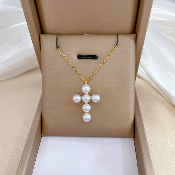 Wholesale Titanium Steel Cross Pearl Necklace With Geometric Pattern Electroplated For Unisex