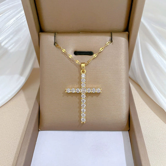 Wholesale Titanium Steel Cross Zircon Copper Microinlay Real Gold Electroplated Geometric Clavicle Chain Necklace
