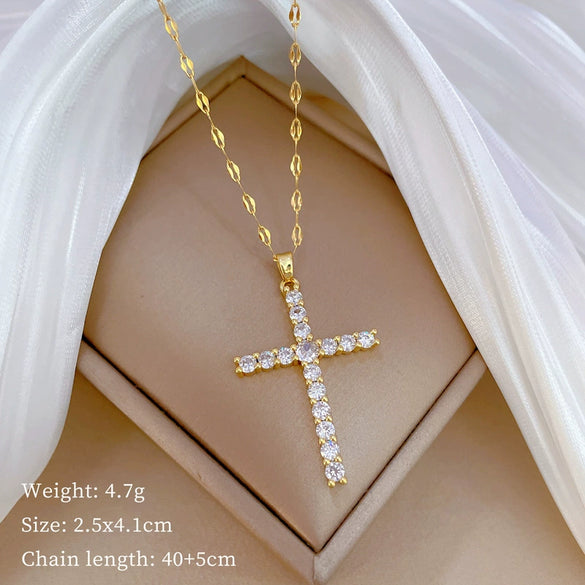Wholesale Titanium Steel Cross Zircon Copper Microinlay Real Gold Electroplated Geometric Clavicle Chain Necklace