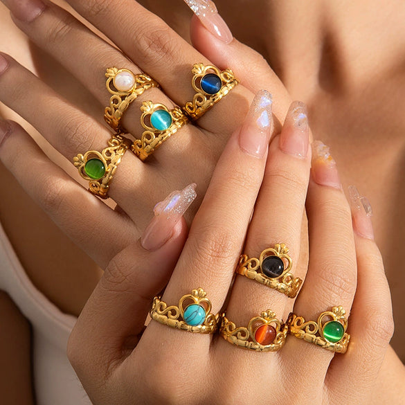 Wholesale Titanium Steel Crown Heart Shape Ring With 18K Gold Plating For Women