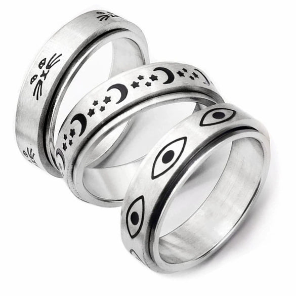 Wholesale Titanium Steel Decompression Rotating Star And Moon Ring With Geometric Style And Letters Numbers Text Pattern For Couple