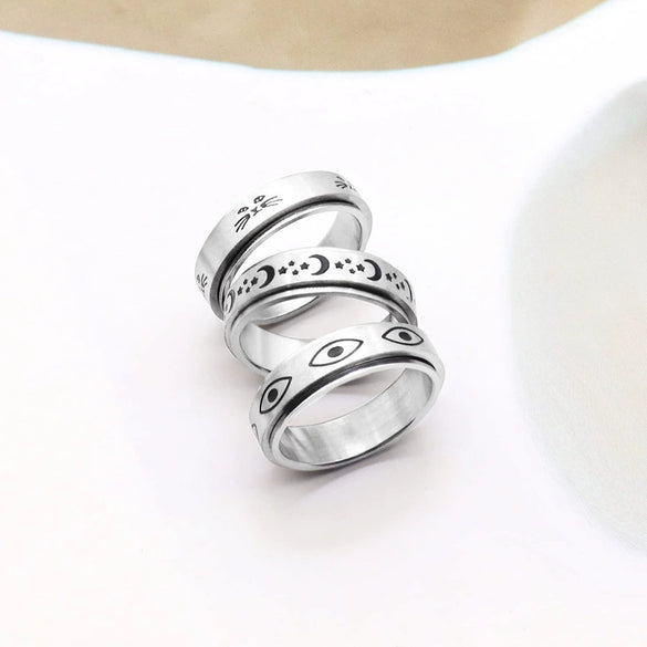 Wholesale Titanium Steel Decompression Rotating Star And Moon Ring With Geometric Style And Letters Numbers Text Pattern For Couple