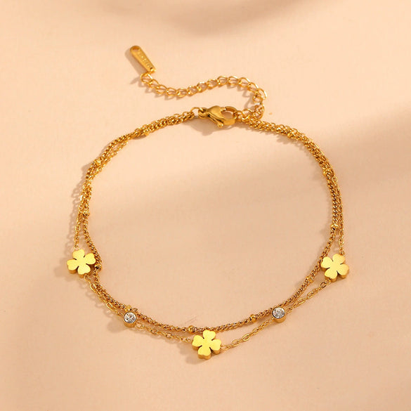 Wholesale Titanium Steel Double Layer Anklet With Multi Flower And Four Leaf Pattern Cartoon Style Electroplated