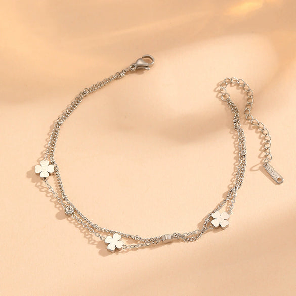 Wholesale Titanium Steel Double Layer Anklet With Multi Flower And Four Leaf Pattern Cartoon Style Electroplated
