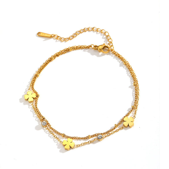 Wholesale Titanium Steel Double Layer Anklet With Multi Flower And Four Leaf Pattern Cartoon Style Electroplated