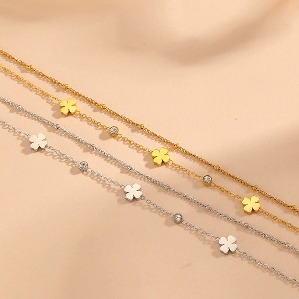 Wholesale Titanium Steel Double Layer Anklet With Multi Flower And Four Leaf Pattern Cartoon Style Electroplated