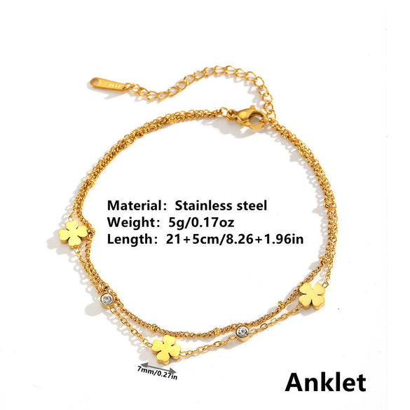 Wholesale Titanium Steel Double Layer Anklet With Multi Flower And Four Leaf Pattern Cartoon Style Electroplated