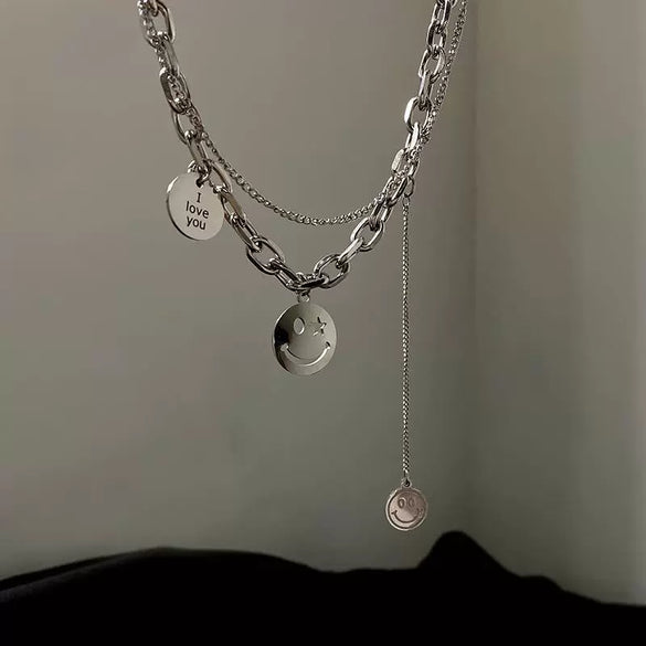 Wholesale Titanium Steel Double Layer Geometric Smile Necklace With Polishing For Unisex Fashion Hip Hop Accessories