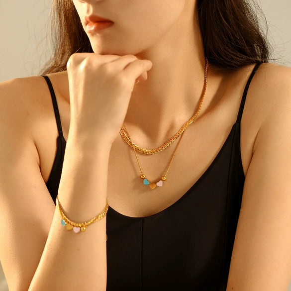 Wholesale 316L Stainless Steel Double Layer Love Shaped Necklace And Bracelet With Color Drop Oil Retro Niche Light Luxury Style Electroplated