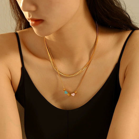 Wholesale 316L Stainless Steel Double Layer Love Shaped Necklace And Bracelet With Color Drop Oil Retro Niche Light Luxury Style Electroplated