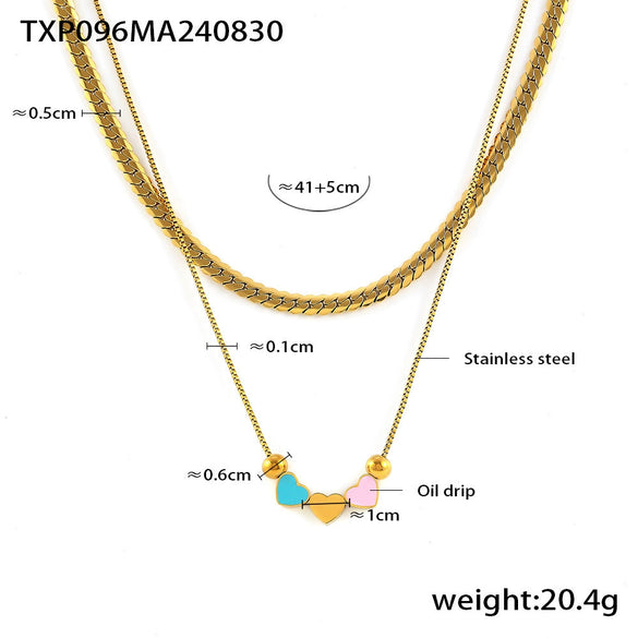 Wholesale 316L Stainless Steel Double Layer Love Shaped Necklace And Bracelet With Color Drop Oil Retro Niche Light Luxury Style Electroplated