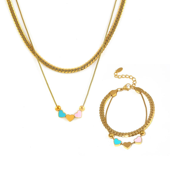 Wholesale 316L Stainless Steel Double Layer Love Shaped Necklace And Bracelet With Color Drop Oil Retro Niche Light Luxury Style Electroplated