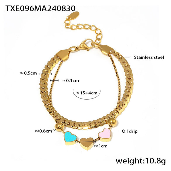 Wholesale 316L Stainless Steel Double Layer Love Shaped Necklace And Bracelet With Color Drop Oil Retro Niche Light Luxury Style Electroplated