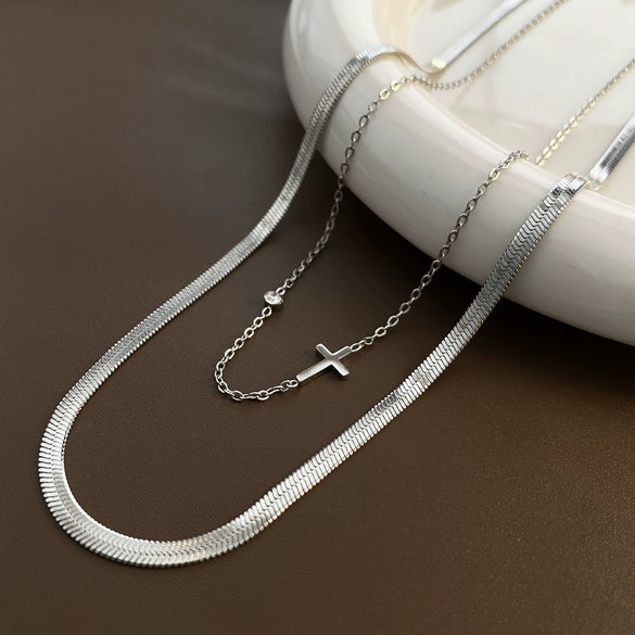 Wholesale Titanium Steel Double Layer Simple Cold Style Clavicle Chain With Geometric Cross And Zircon For Women